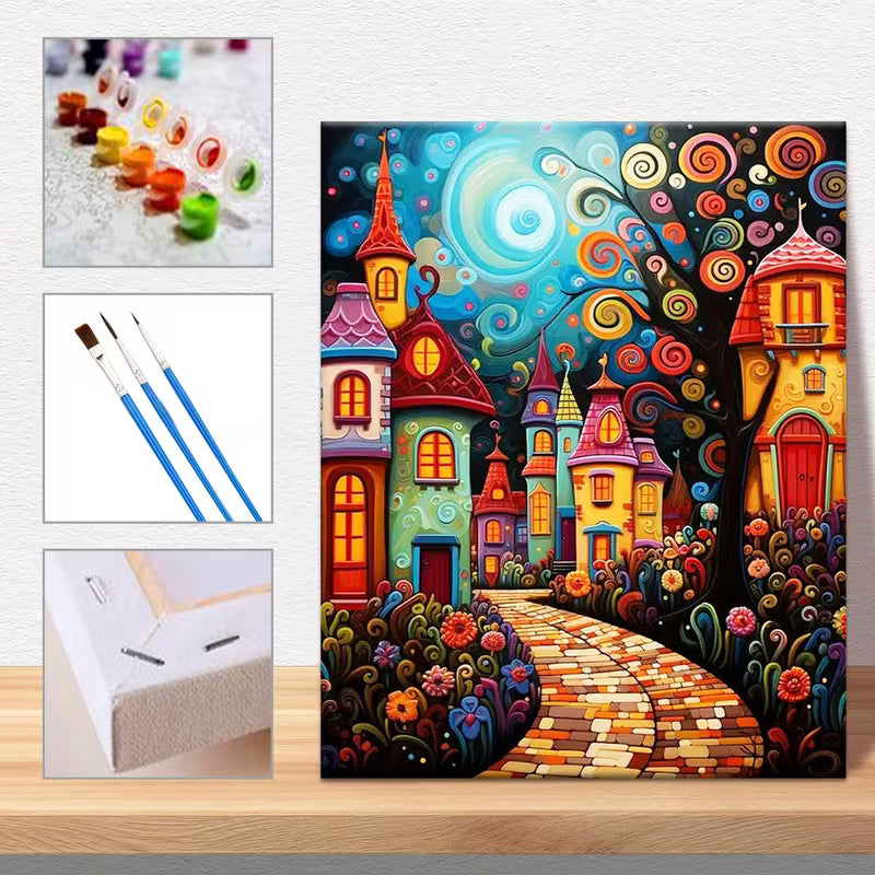Картина за оцветяване по номера с  цветна фантазна илюстрация на приказно градче с къщи, виеща се пътека и декоративни елементи, включващ комплект с мъниста, четки и платно.