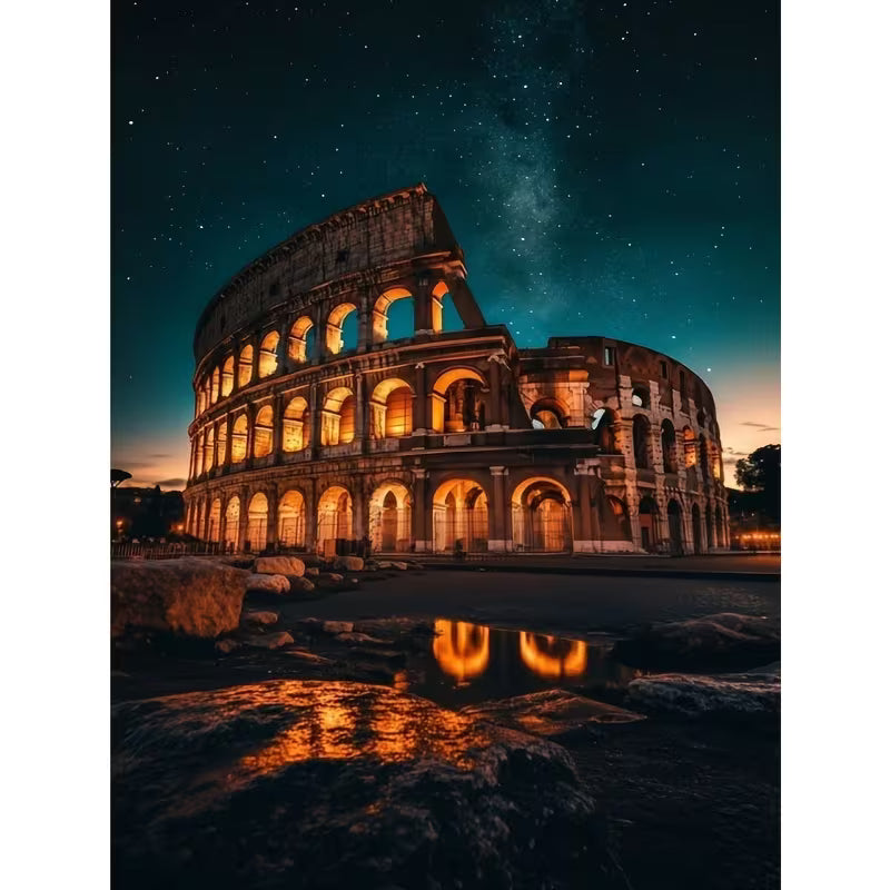 Декоративна картина с нощен пейзаж на Колизеума в Рим, осветен с топла светлина, със звездно небе и отражения върху мокрия камък.