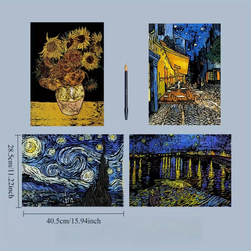 Комплект скреч картини по Ван Гог с четири изображения и обозначени размери на картините