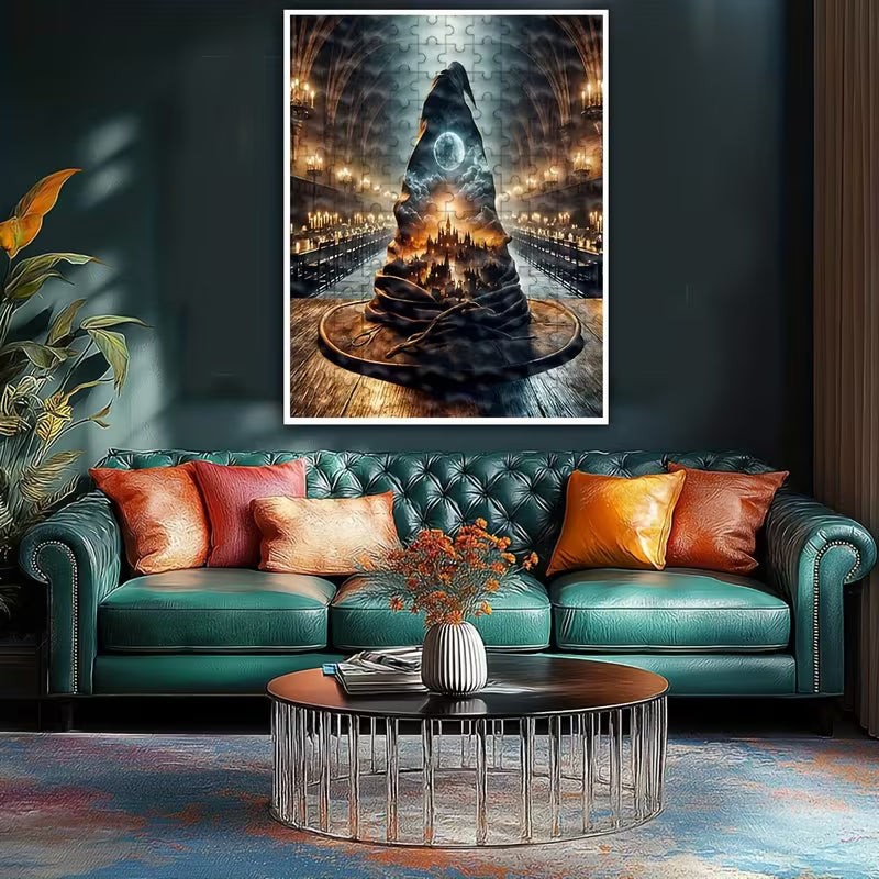 Пъзел с фантастична сцена, показан в интериор – изображение на магическа шапка в готическа зала, с луна, светлини и мистичен град, окачен като картина над зелен диван.