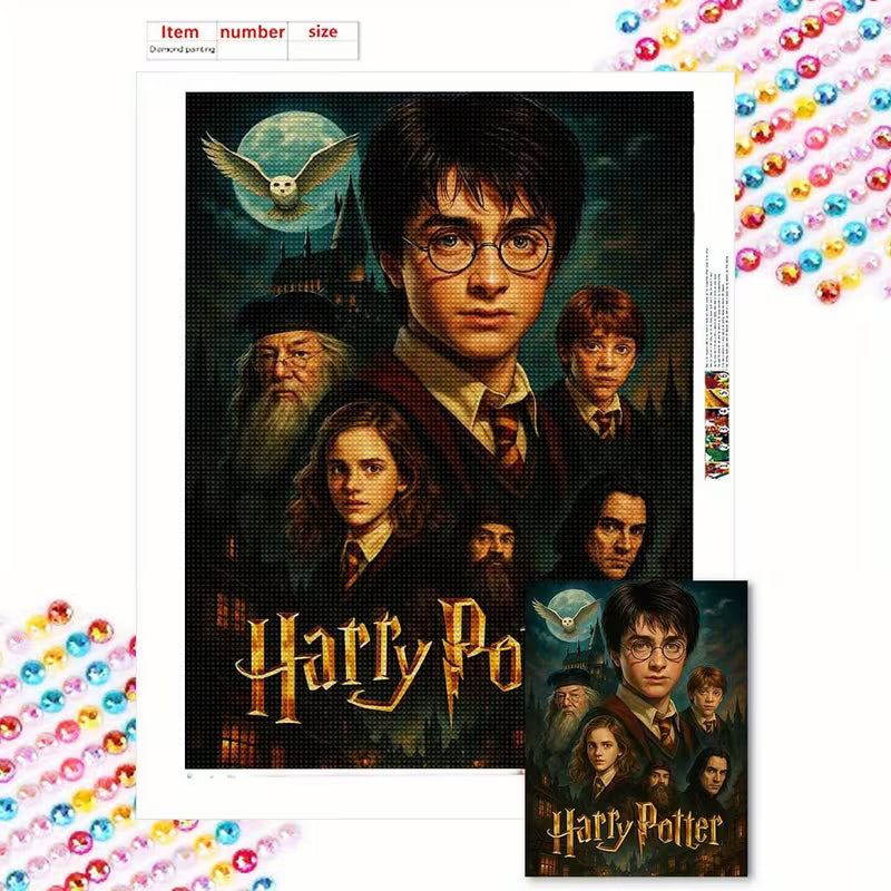 Диамантен гоблен с портретна композиция на магически герои, младеж с очила, сова и замък на заден план, показан с платно, цветни мъниста и обозначени детайли за изработка.