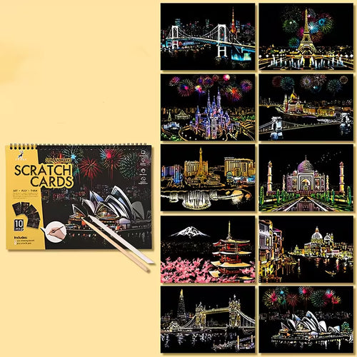 Комплект скреч картини с нощни градски пейзажи и световни забележителности, показани в ярки цветове върху черен фон, включващ карти за изстъргване и инструменти за работа.
