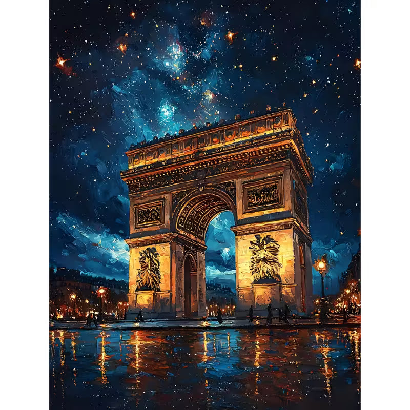 Декоративна картина с нощна илюстрация на Триумфалната арка в Париж, осветена от улични светлини, със звездно небе и отражения върху мокрия паваж.