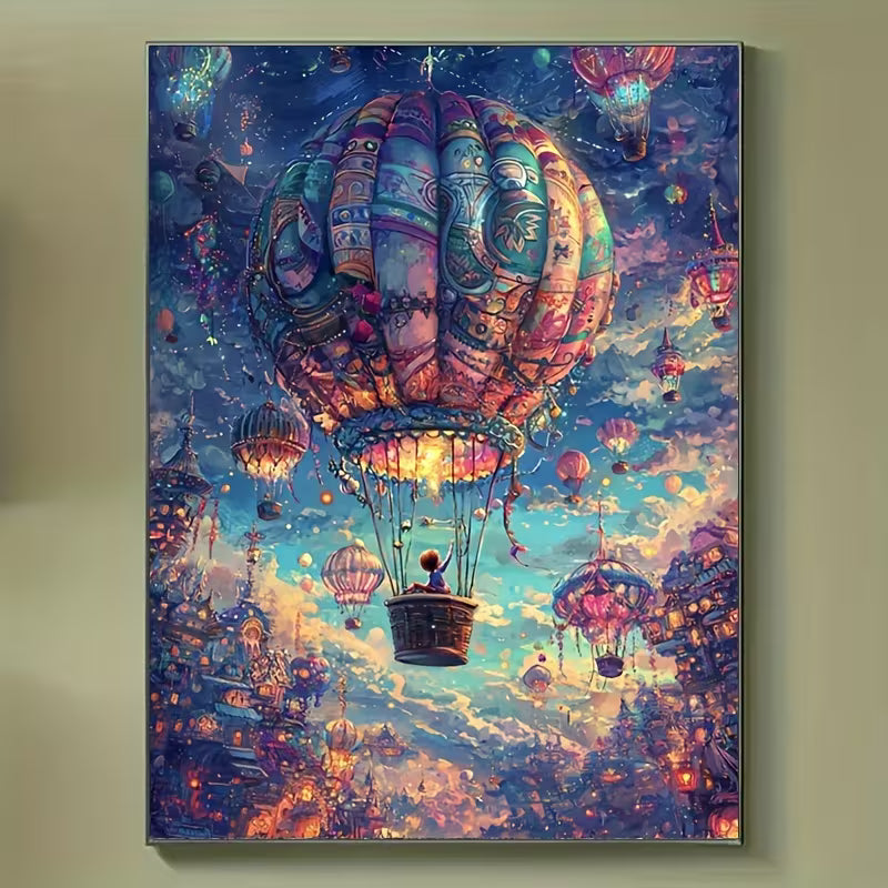 Картина с фантастичен балон и приказен град, окачена на стена като интериорна декорация
