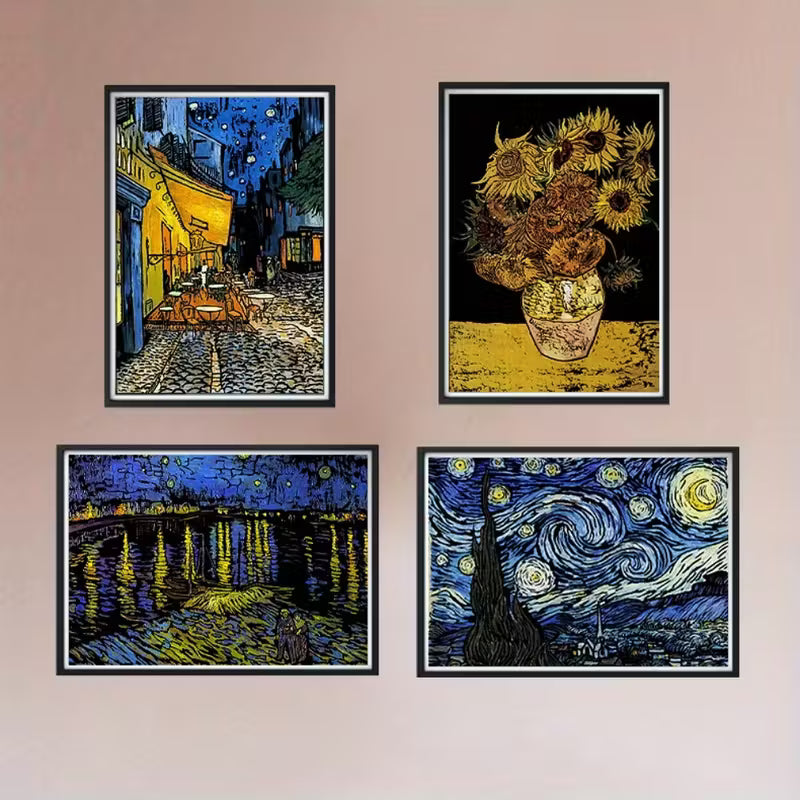 Скреч картини по Ван Гог, четири рамкирани изображения, подредени като галерия на стена