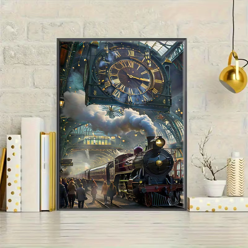 Декоративна картина в рамка с илюстрация на парен локомотив на жп гара под голям часовник, с индустриална и ретро атмосфера, подходяща за стилен интериор.