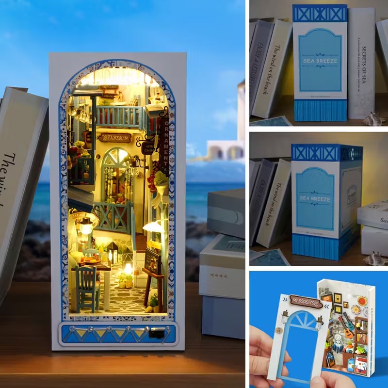 Book nook Sea Breeze с LED осветление, миниатюрна средиземноморска уличка в синьо и бяло, декоративен DIY модел за библиотека, изглед отпред и детайли от комплекта