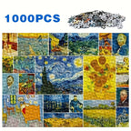 Пъзел от 1000 части с колаж от известни картини на Ван Гог, включващ „Звездна нощ“, слънчогледи и портрети, подредени в цветна художествена композиция.