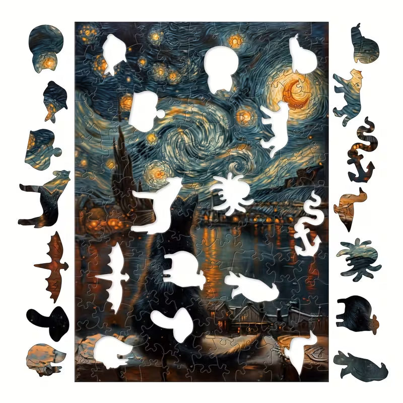 Пъзел с котки и звездно нощно небе в стил Ван Гог, илюстрация с животни и вихрещо се небе