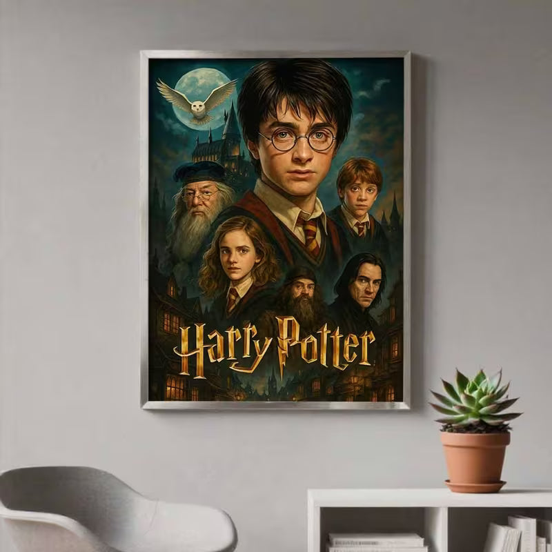 Декоративна картина в рамка с портретна илюстрация на магически герои, включваща младеж с очила, сова и замък на заден план, подходяща за тематична стенна декорация.