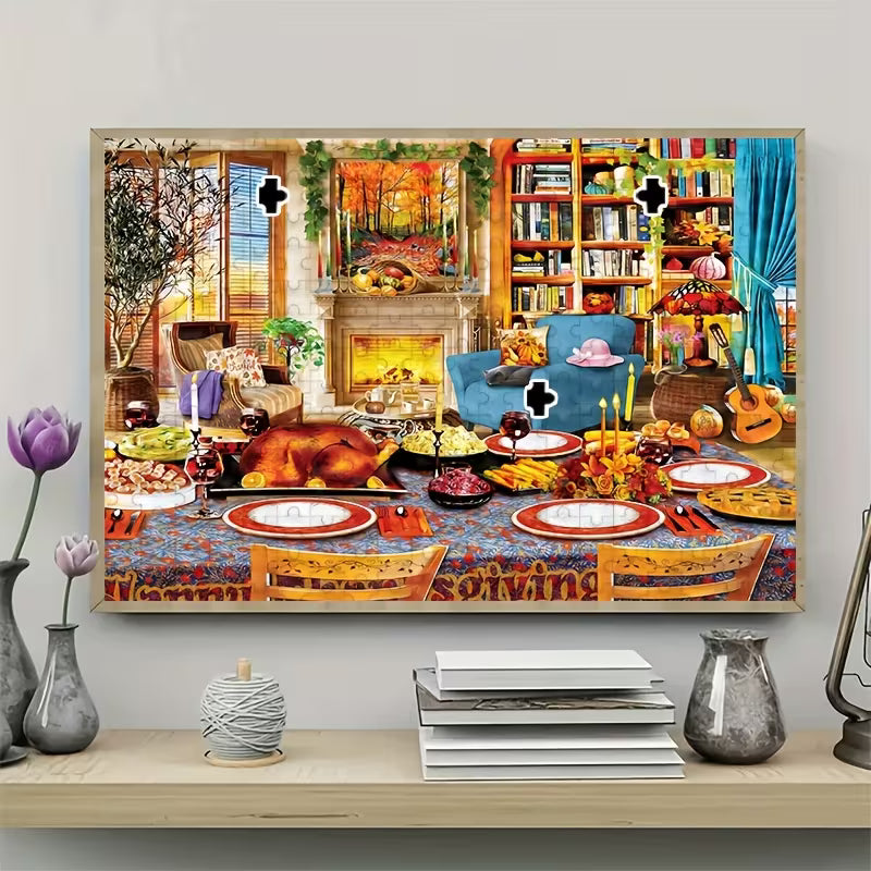 Пъзел с уютна сцена на празнична трапеза, камина с огън, библиотека и топли есенни цветове, показан като завършена картина върху стена в интериор.
