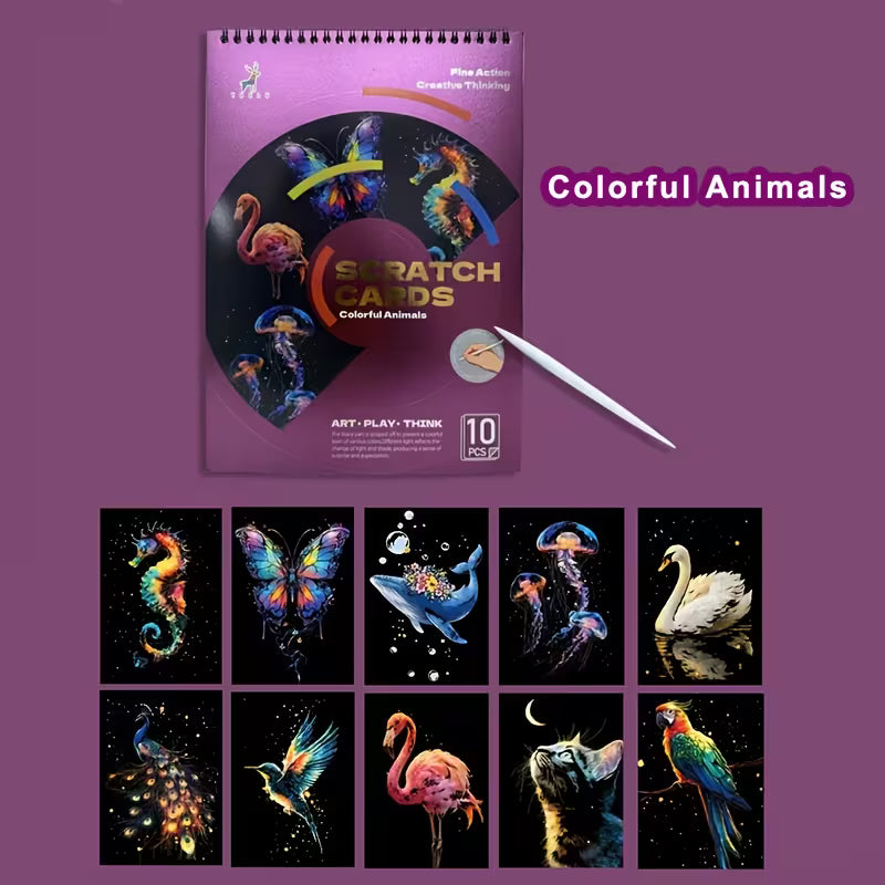 Комплект скреч картини „Цветни животни“ с 10 илюстрации и инструмент за изстъргване