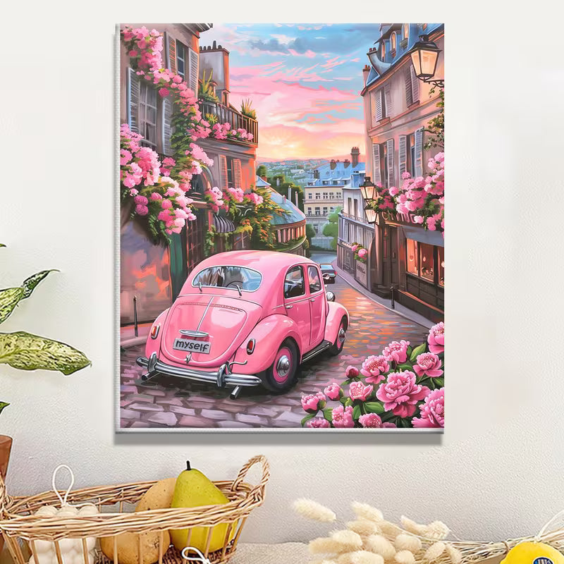 Картина за оцветяване по номера с  илюстрация на романтична уличка с розова ретро кола и цъфнали цветя, подходящ за уютна декорация и творчески проект.
