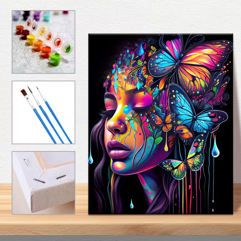 Картина за оцветяване по номера с  цветен портрет на жена с пеперуди и абстрактни елементи, включващ комплект с мъниста, четки и платно, подходящ за творчество и декорация.
