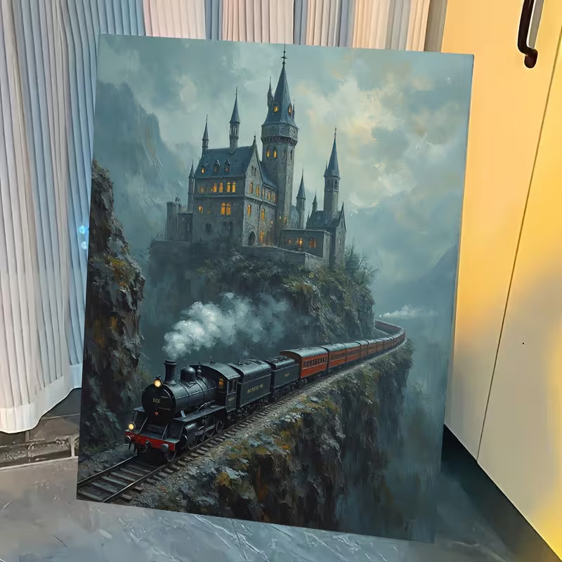 Фантастична картина с парен влак, преминаващ край замък върху скала, изложена в интериор