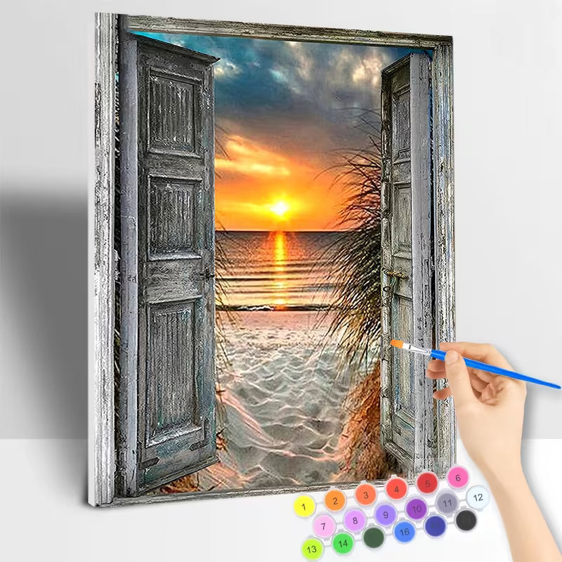 ДКартина за оцветяване по номера с  илюстрация на отворени дървени врати към пясъчен плаж и залез над морето, показан в процес на изработка с апликатор и цветни мъниста.