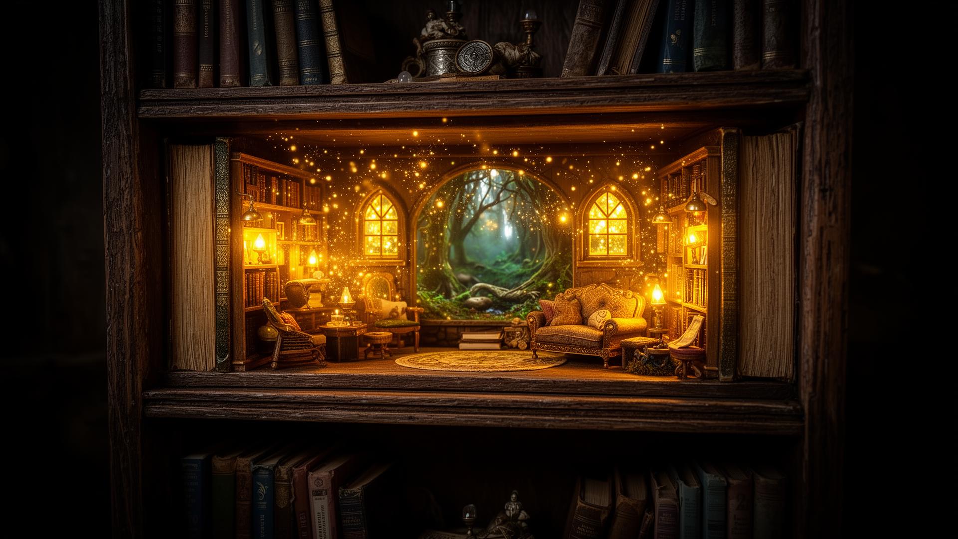 Book nook миниатюрна сцена, вградена в библиотека, уютна фентъзи стая с лампи, кресло, рафтове с книги и вълшебна горска пътека, осветена от златни светлинки, Хиро банер, Начален банер на Скривалище