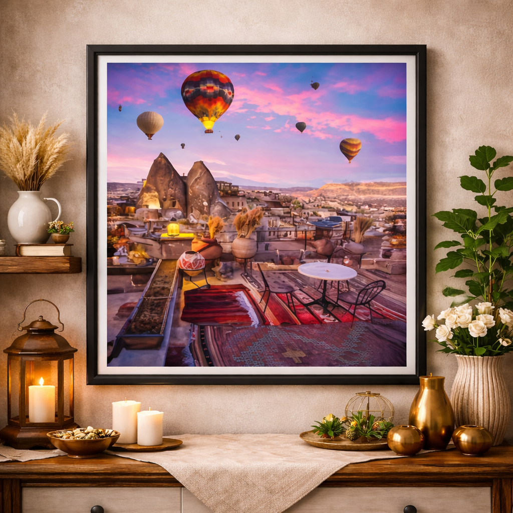 Декоративна картина в рамка с пейзаж от Кападокия, тераса с маса и столове и балони с горещ въздух над скалите при изгрев, подходяща за уютна интериорна декорация.