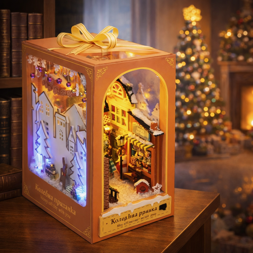 Коледен book nook с LED осветление, миниатюрна зимна уличка и къщи, декоративна книжна ниша с празнична сцена и подаръчна панделка