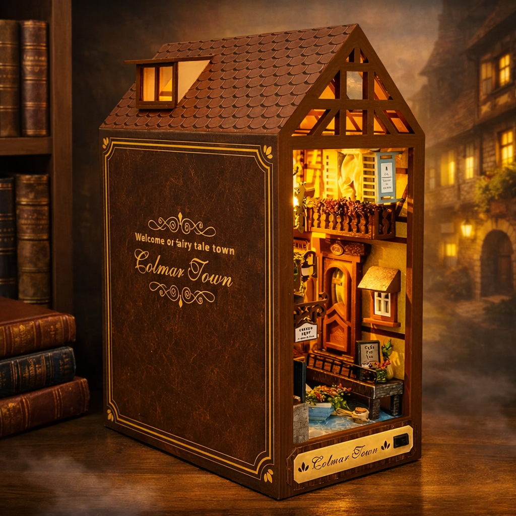 Book nook Colmar Town с LED осветление, миниатюрен модел на приказна европейска къща в дървен корпус, уютна уличка с балкони и топла светлина, декоративен DIY аксесоар за библиотека