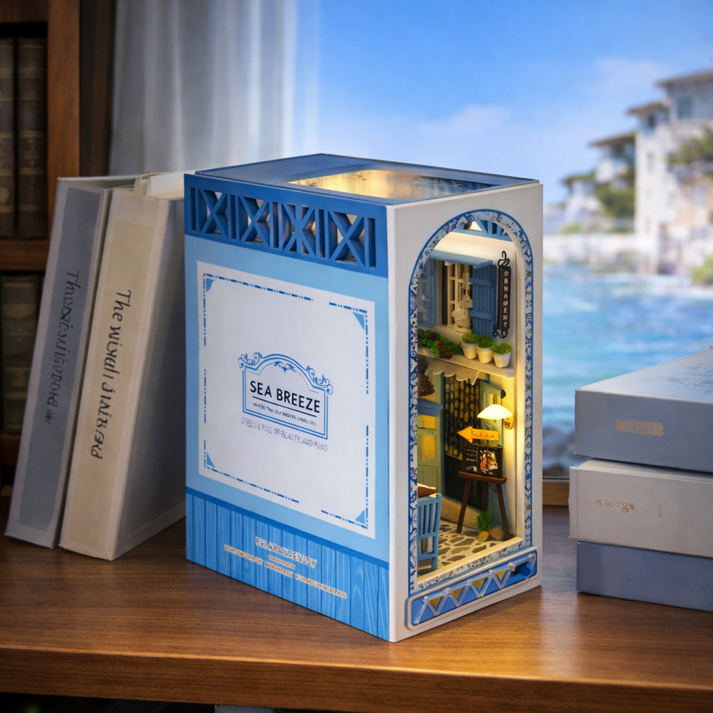 Book nook Sea Breeze с LED осветление, миниатюрна морска стая в синьо и бяло, декоративен DIY модел за библиотека